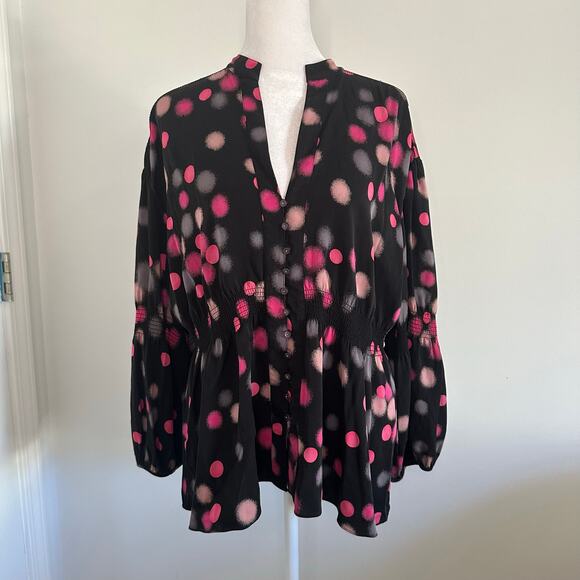 Diane Von Furstenberg black & pink polka dot long sleeve top size 8 - Picture 2 of 12